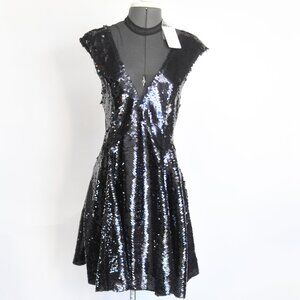 NWT Free People Dance Til Dawn Sequin Mini Dress Black Mesh Skater Size M $168